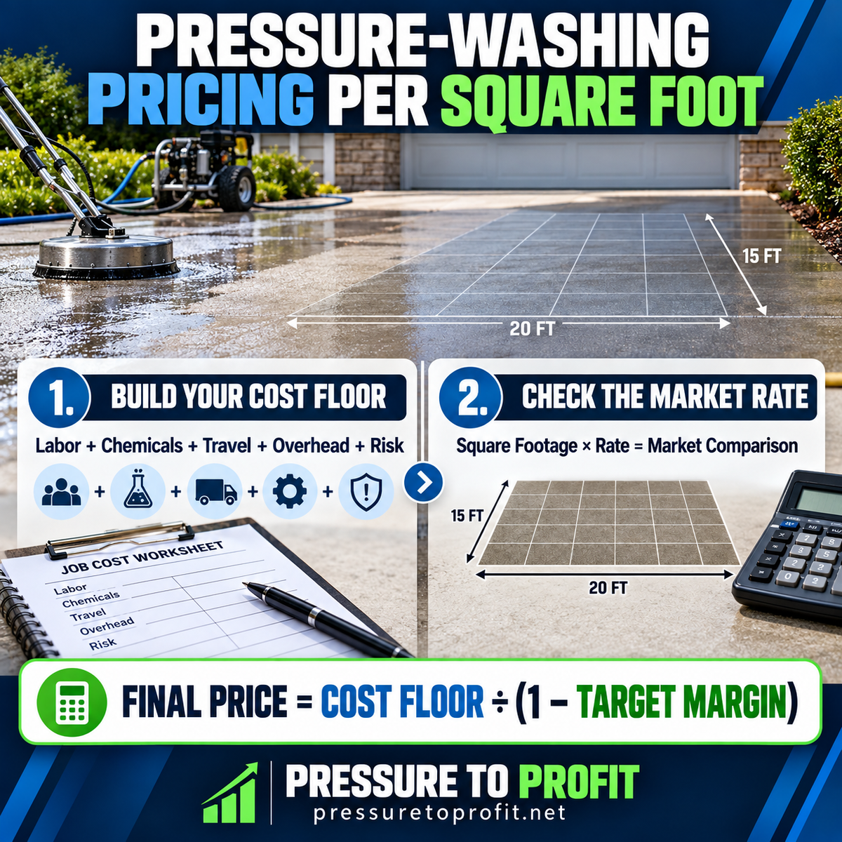 Pressure washing pricing per square foot guide showing cost floor and market rate comparison